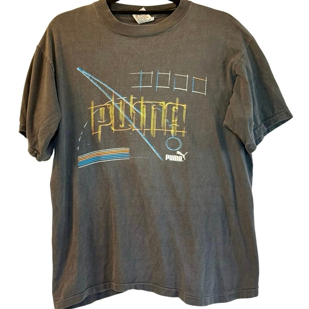 Vintage 80s Puma Faded Black Single Stitch Shirt Adult Large